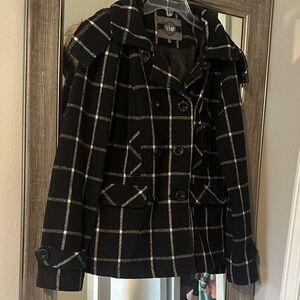 YMI Women's Black and Gray Checkered Pea Coat